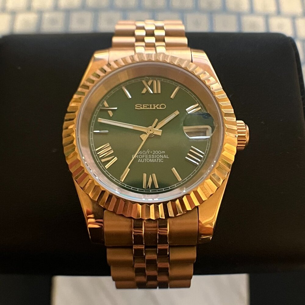 Seiko custom build rose gold green dial mod automatic watch -NH35 jubilee